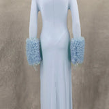 Ruffle Pleated Sleeve Blue Long Dress for Women