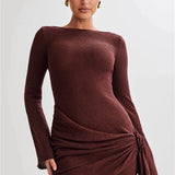 Floral Draped Open Back Knit Long Sleeve Mini Dress