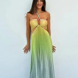 Satin Gradient Pleated Sleeveless Maxi Dress
