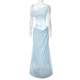 Patchwork Diagonal Collar Women Maxi Dress
