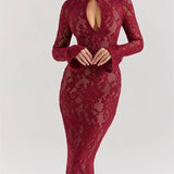 V-Neck Hollow Out Long Sleeve Black Lace Maxi Dress