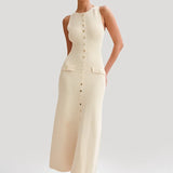 Knit Maxi Dress with Pockets Button-Front