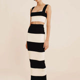 Striped Knitted Crop Top and Midi Skirt Suit