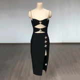 Black Metal Cross Brooch Design Strap Bandage Slit Midi Dress