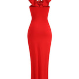 Red Flower Ruffles Strap Maxi Dress