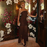 Brown Off-shoulder Strapless Long Dress