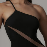 Black Mesh Patchwork One Shoulder Maxi Dress