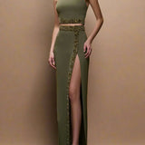 Beaded Diamond Two-Piece Crop Top Split Skirt Set