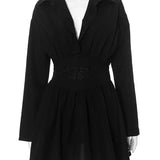 Turn-down Collar Pleated Mini Dress