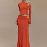 3D Floral-applique Long Sleeve Skirt Suit