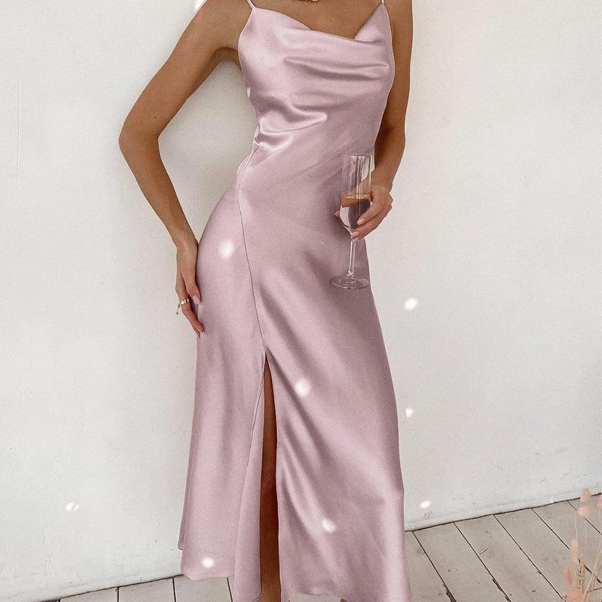 Satin Sexy Midi Length Party Club Dress