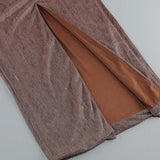 One Shoulder Draped Glitter Brown Maxi Dress