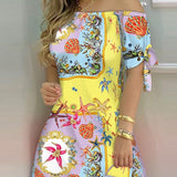 Women Off Shoulder Summer Mini Dress Short Sleeve Bow Tie Striped Plaid Floral Vestidos
