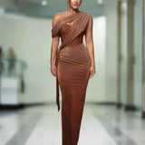 One Shoulder Draped Glitter Brown Maxi Dress