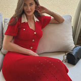 Ribbed Contrast Collar Short Sleeve Buttoned Midi Dress