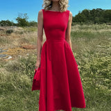 Straight Neck Sleeveless Flare Midi Dress