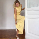 High Neck Knitting Top and Solid Long Skirt Suit