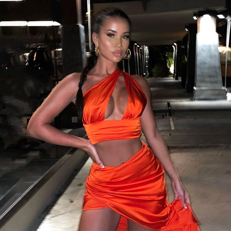 Satin Backless Crop Top Slit High Waist Skirt 2 Pieces Skirt Set