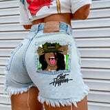 Women's High Street INS Net Red Playful Girl Pattern Printed Denim Shorts