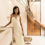 Solid Backless Halter Knit Slit Maxi Dress