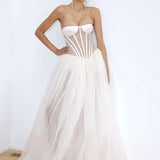 Strapless Mesh White A Line Maxi Long Dress