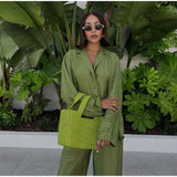 Long Sleeved Silk Geometric Shirt High Waist Pant Set