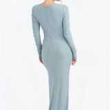 Long Sleeve Ruched Maxi Dress with Thigh-High Split