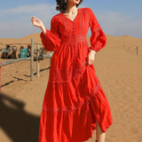 Women Cotton Patchwork Lace Dresses V-Neck Lantern Sleeve Maxi Dress
