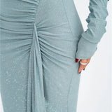 Long Sleeve Ruched Maxi Dress with Thigh-High Split