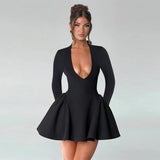 Deep V Long Sleeve Bodycon Mini Dress