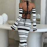 Striped Halter Maxi Skirt Suit