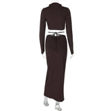 Long Sleeve Lace-up Crop Top And Long Skirt Suit