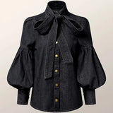 Denim Puff Sleeve High Neck Top