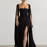 Elegant Cape Sleeve Maxi Dress with High Split