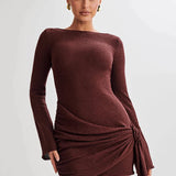 Floral Draped Open Back Knit Long Sleeve Mini Dress