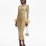Feathers Rhinestone Folds Midi Dress