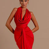 Swinging Collar Backless Pleated Red Stain Maxi Dress