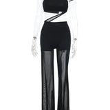 Mesh Patchwork One Piece Wide Leg Pants Jumpsuit