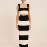 Striped Knitted Crop Top and Midi Skirt Suit