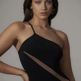 Black Mesh Patchwork One Shoulder Maxi Dress
