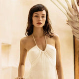 Solid Backless Halter Knit Slit Maxi Dress