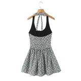 Gray Embroidery White Flower Bow Halter Mini Dress