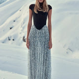 Black Fishbone Top Sequin Mesh Long Skirt Set