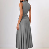 Notched Collar Pleated Skirt Suit Two Piece Sets