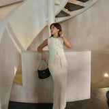 Knitted Solid Slit Vest and Long Skirt Suit