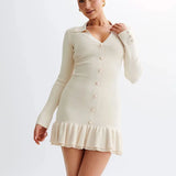 Ruffled Contrast Bow Open Back Lace-Up Knit Mini Dress