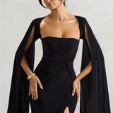 Elegant Cape Sleeve Maxi Dress with High Split