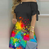 Women Off Shoulder Summer Mini Dress Short Sleeve Bow Tie Striped Plaid Floral Vestidos