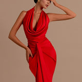 Swinging Collar Backless Pleated Red Stain Maxi Dress