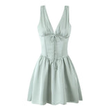 Stain Pleated Ruched Strap Bow Folds Hem Mini Dress